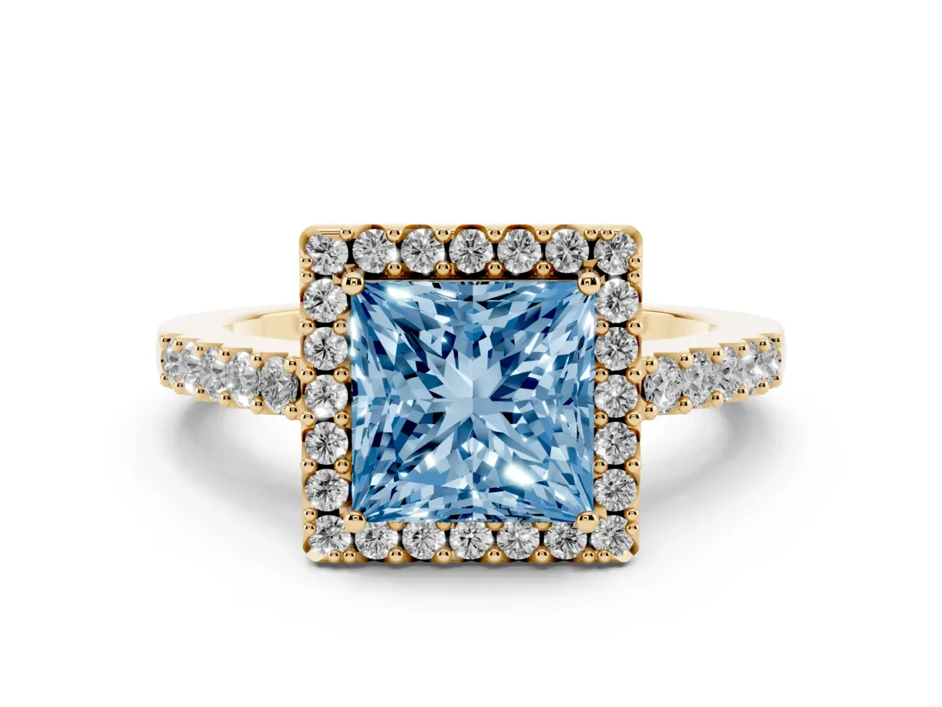 Fancy Blue Princess Cut Diamond Halo Pavé Solitaire Ring Set in Yellow gold with Prong-Set Center Stone