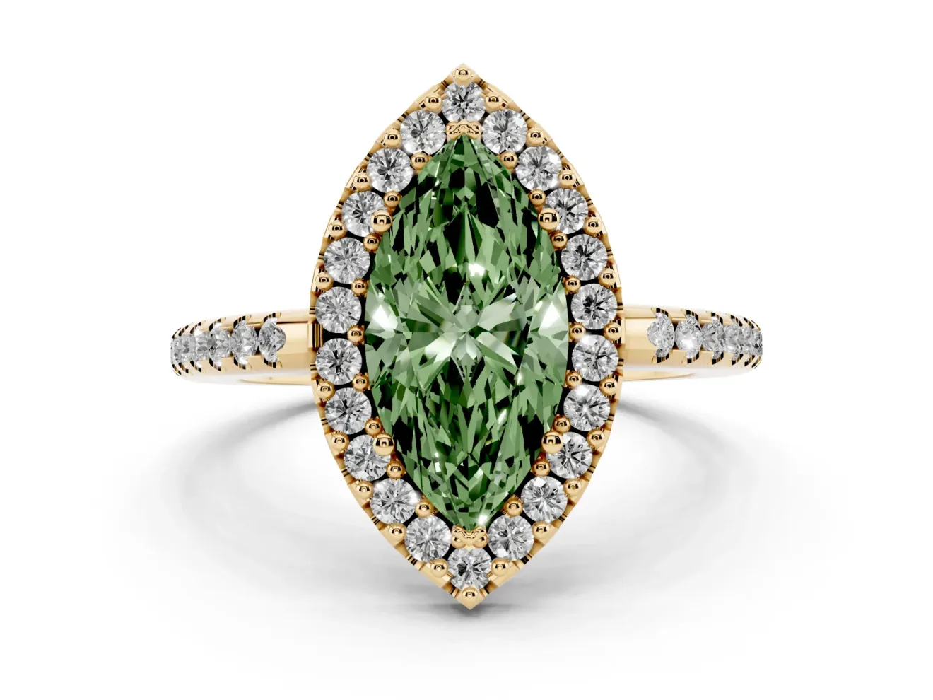 Marquise Pave Halo Engagement Ring Setting for a Fancy Green Lab-Grown Diamond | Pave Band | Yellow Gold