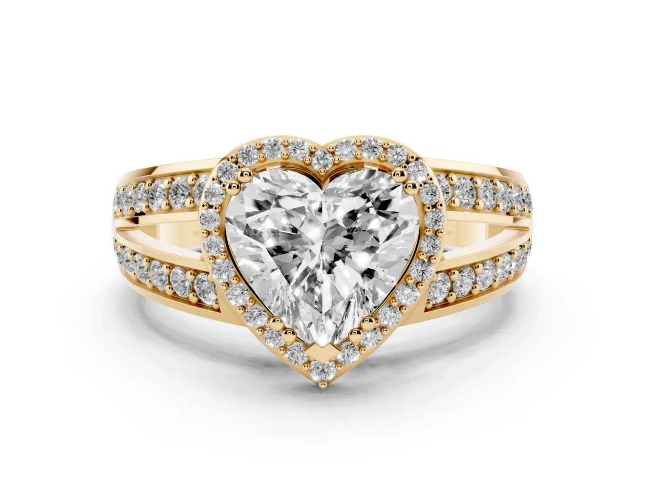 Heart-Shaped Halo Engagement Ring Setting | Two-Row Pave Split Shank | Yellow Gold