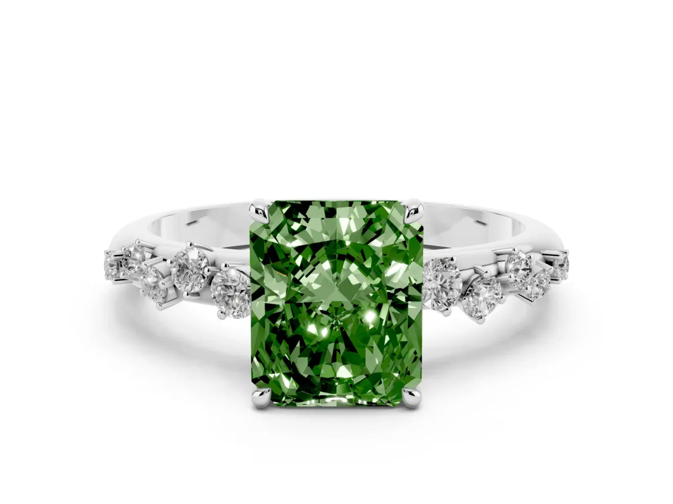 Fancy Green Radiant Cut Diamond Cluster Solitaire Ring Set in Silver with Prong Setting