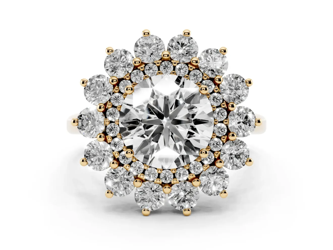 Round Floral Double Halo Engagement Ring Setting | Plain Band | Yellow Gold