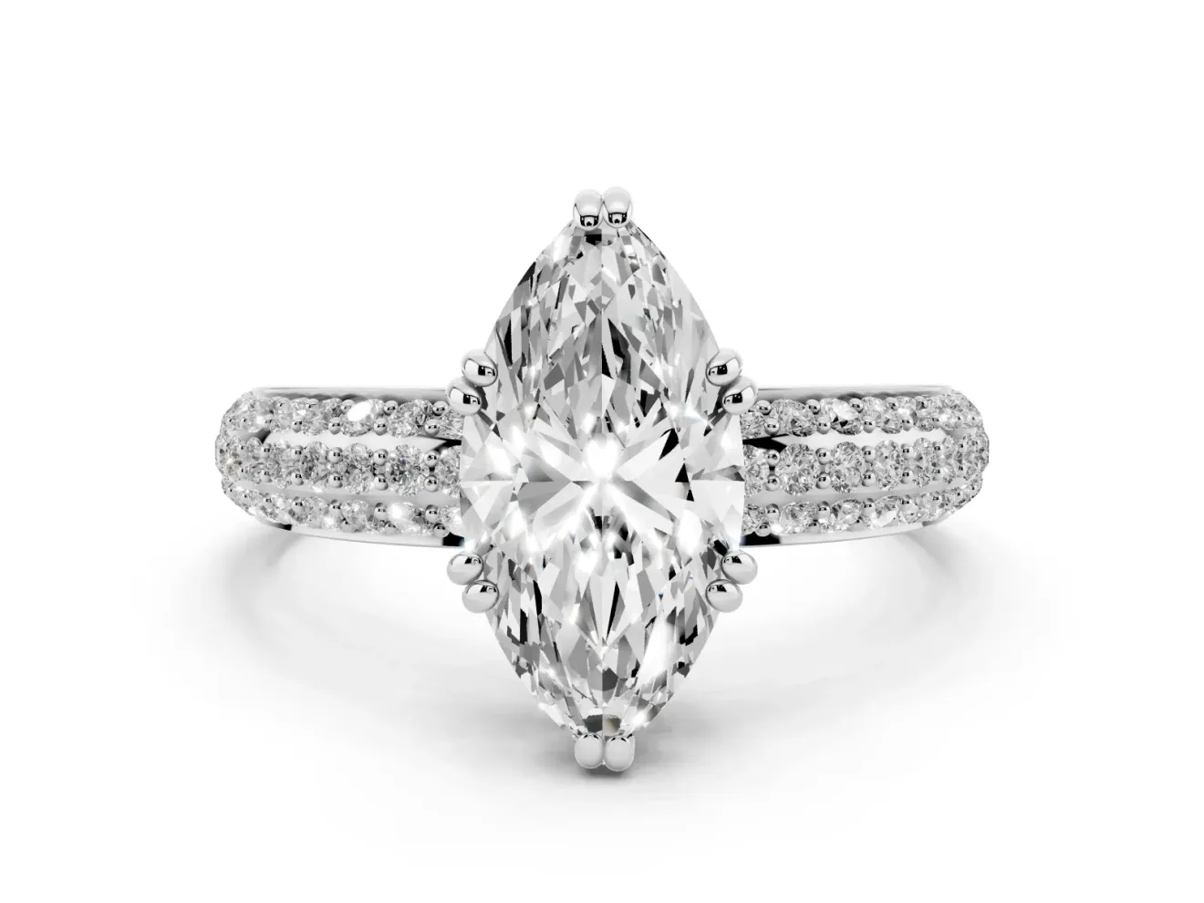 Marquise Three Row Pave Solitaire Engagement Ring Setting | Double Claw Prongs | Sterling Silver