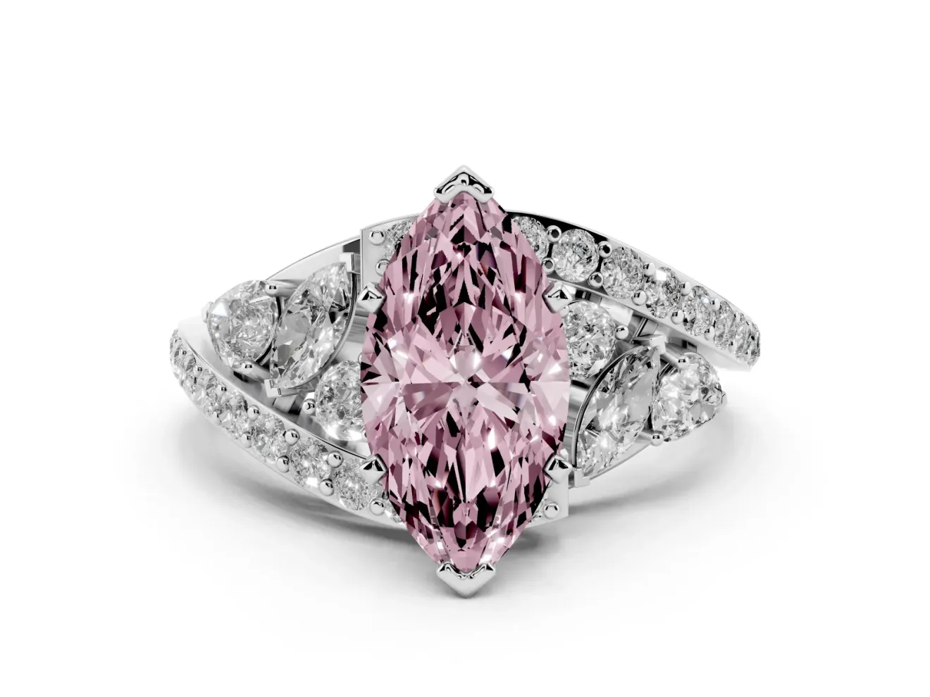 Fancy Pink Marquise Cut Diamond Halo Ring Set in White gold with Marquise and Pavé Band in Prong Setting