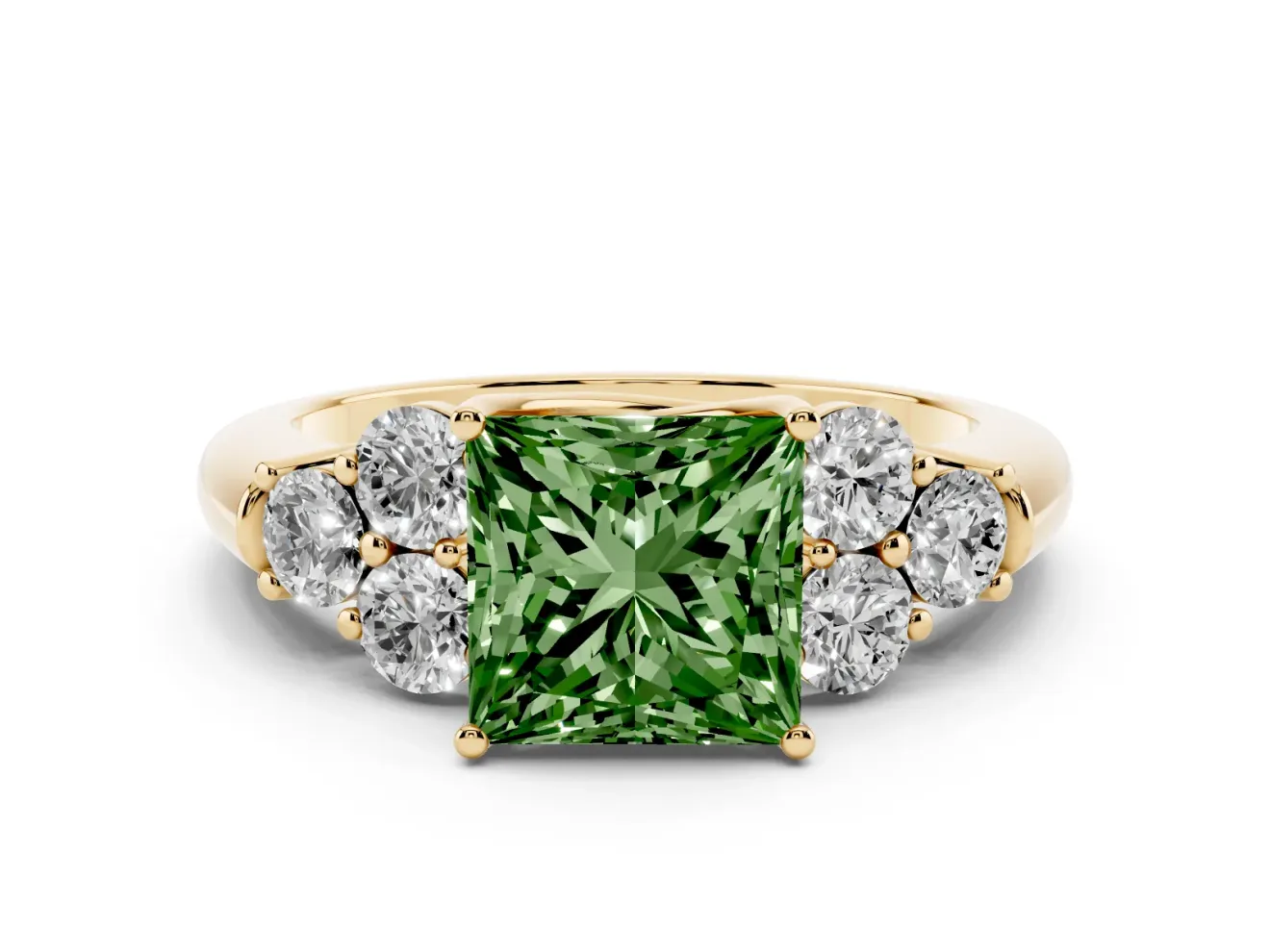 Fancy Green Princess Cut Diamond Cluster Ring Set in Yellow gold with Round Accent Stones and Prong Setting on a Plain Band