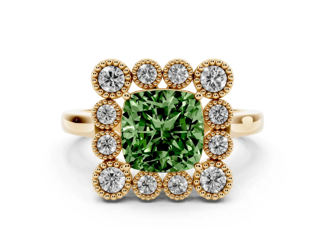 Cushion Cut Milgrain Cluster Halo Engagement Ring Setting for a Fancy Green Lab-Grown Diamond | Plain Band | Yellow Gold