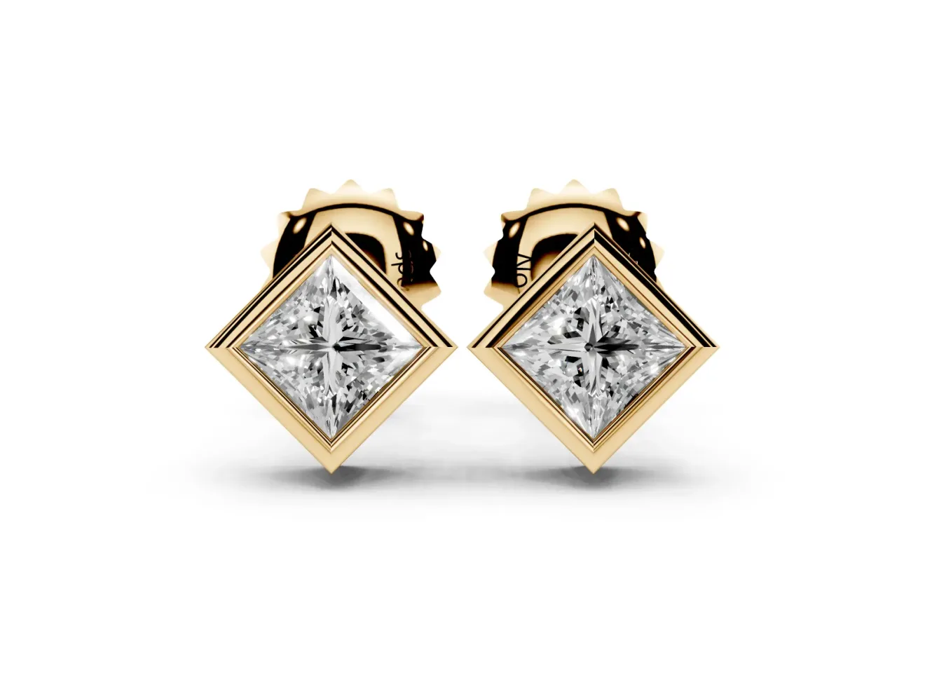 Princess Cut Lab-Grown Diamond Square Bezel Stud Earrings | Stepped Rim | Yellow Gold