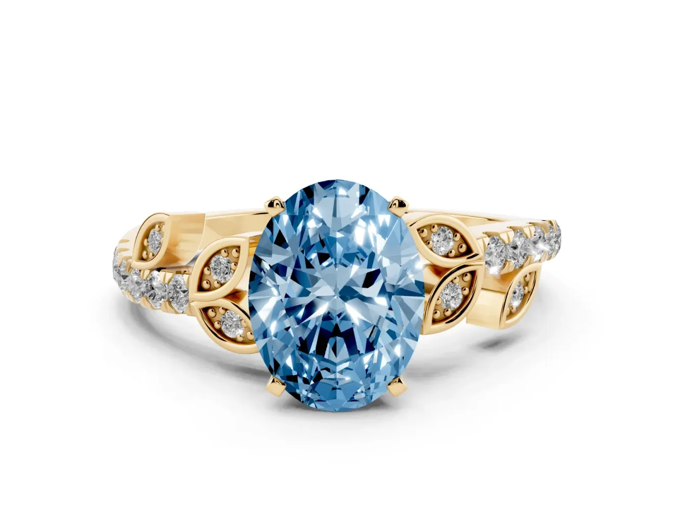 Fancy Blue Oval Cut Diamond Solitaire Leaf-Inspired Ring Set in Yellow gold with Pavé Band and Prong Setting