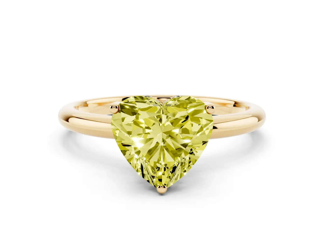 Fancy Yellow Heart Cut Diamond Solitaire Engagement Ring Set in Yellow gold with Prong Setting and Polished Band