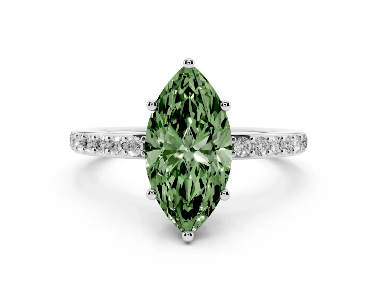 Fancy Green Marquise Cut Diamond Pavé Band Ring Set in Silver with Prong-Set Center Stone