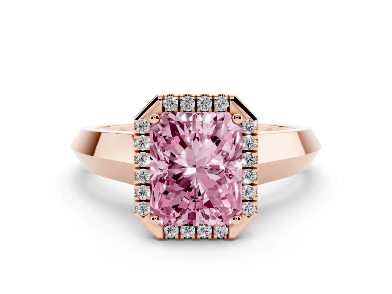 Fancy Pink Radiant Cut Diamond Halo Ring Set in Rose gold with Cathedral Band and Prong Setting