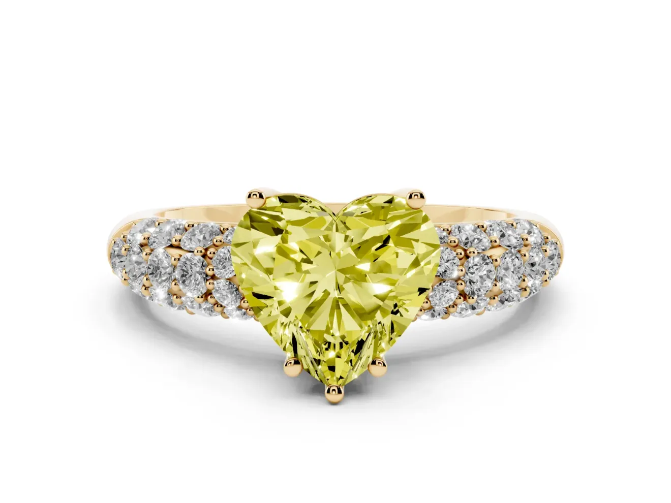 Heart-Shaped Close Set Pave Engagement Ring Setting for a Fancy Yellow Lab-Grown Diamond | Multi Row | Yellow Gold