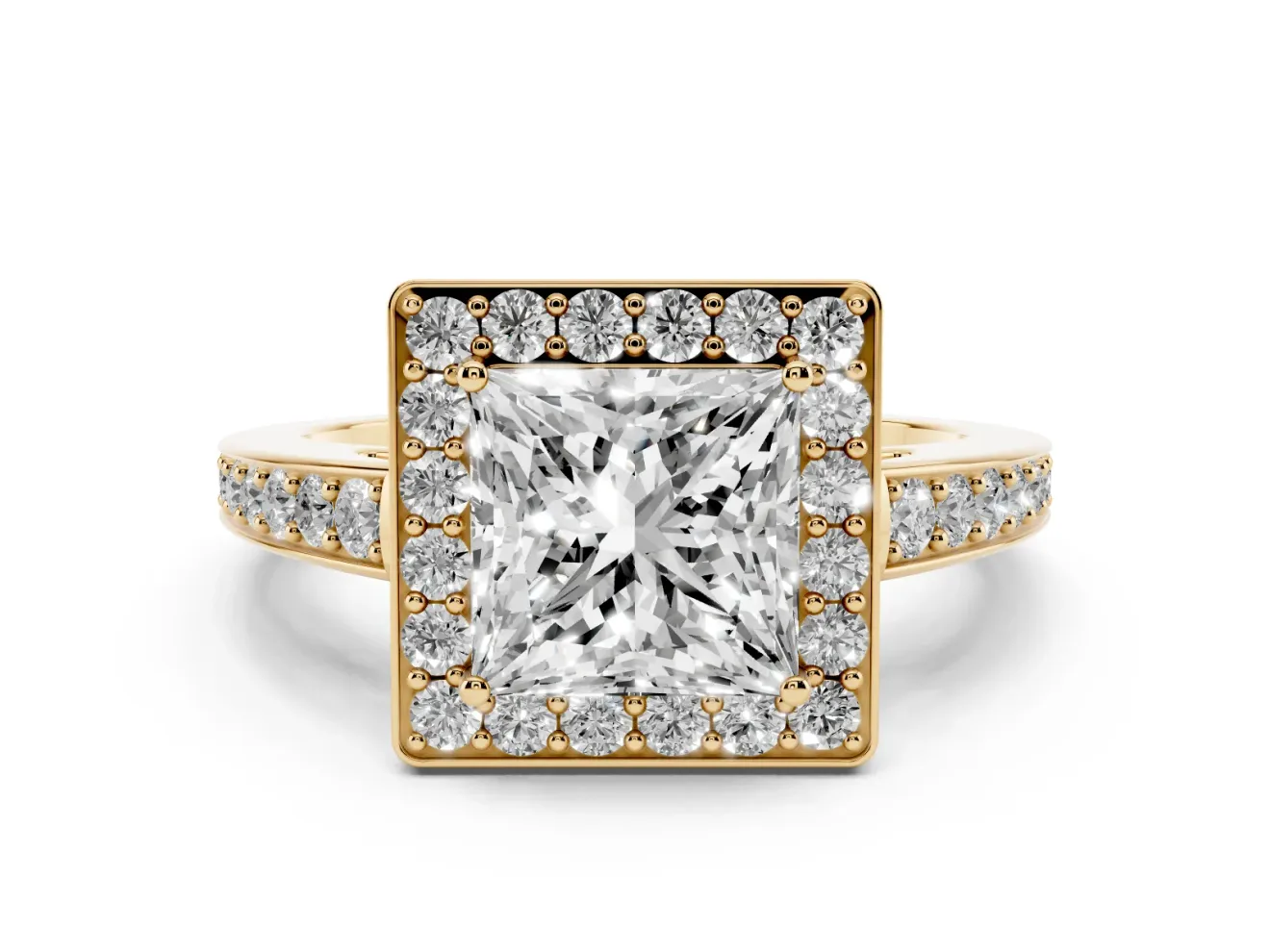 Princess Cut Diamond Halo Pavé Engagement Ring Set in Yellow gold with Bezel Setting