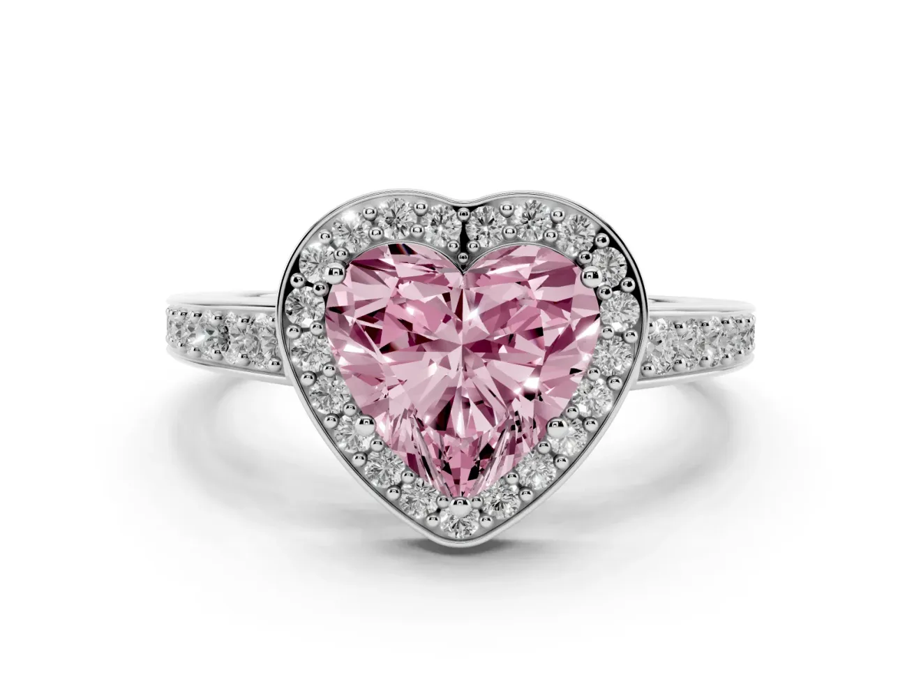 Fancy Pink Heart Cut Diamond Halo Pavé Engagement Ring Set in Platinum with Bezel Setting