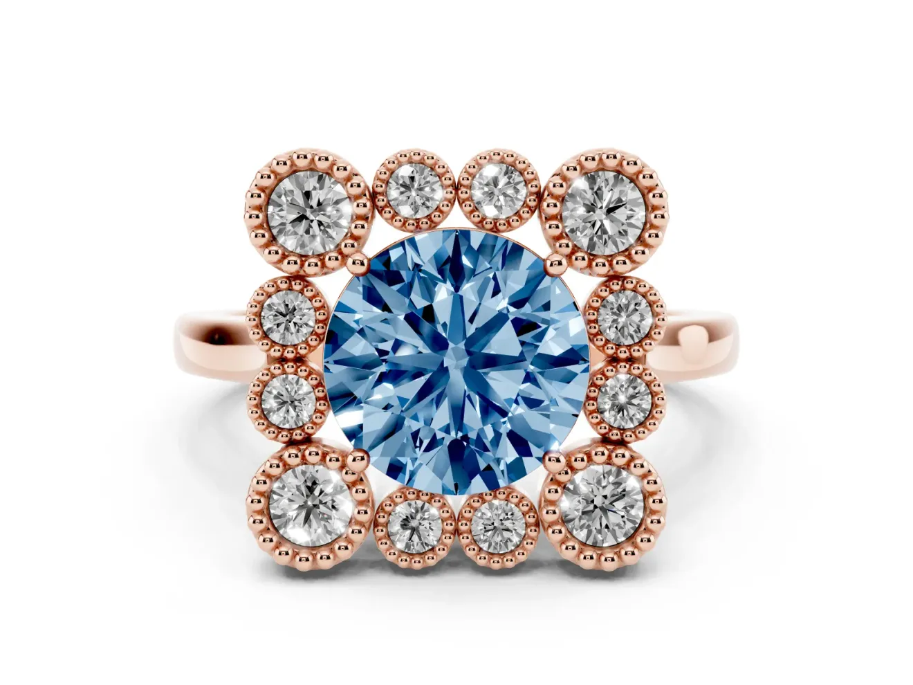 Round Milgrain Cluster Halo Engagement Ring Setting for a Fancy Blue Lab-Grown Diamond | Plain Band | Rose Gold