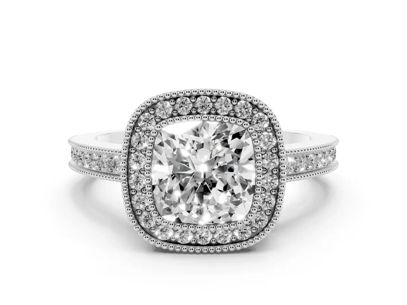 Cushion Cut Diamond Halo Ring Set in Platinum with Pavé Band and Milgrain-Edged Prongs