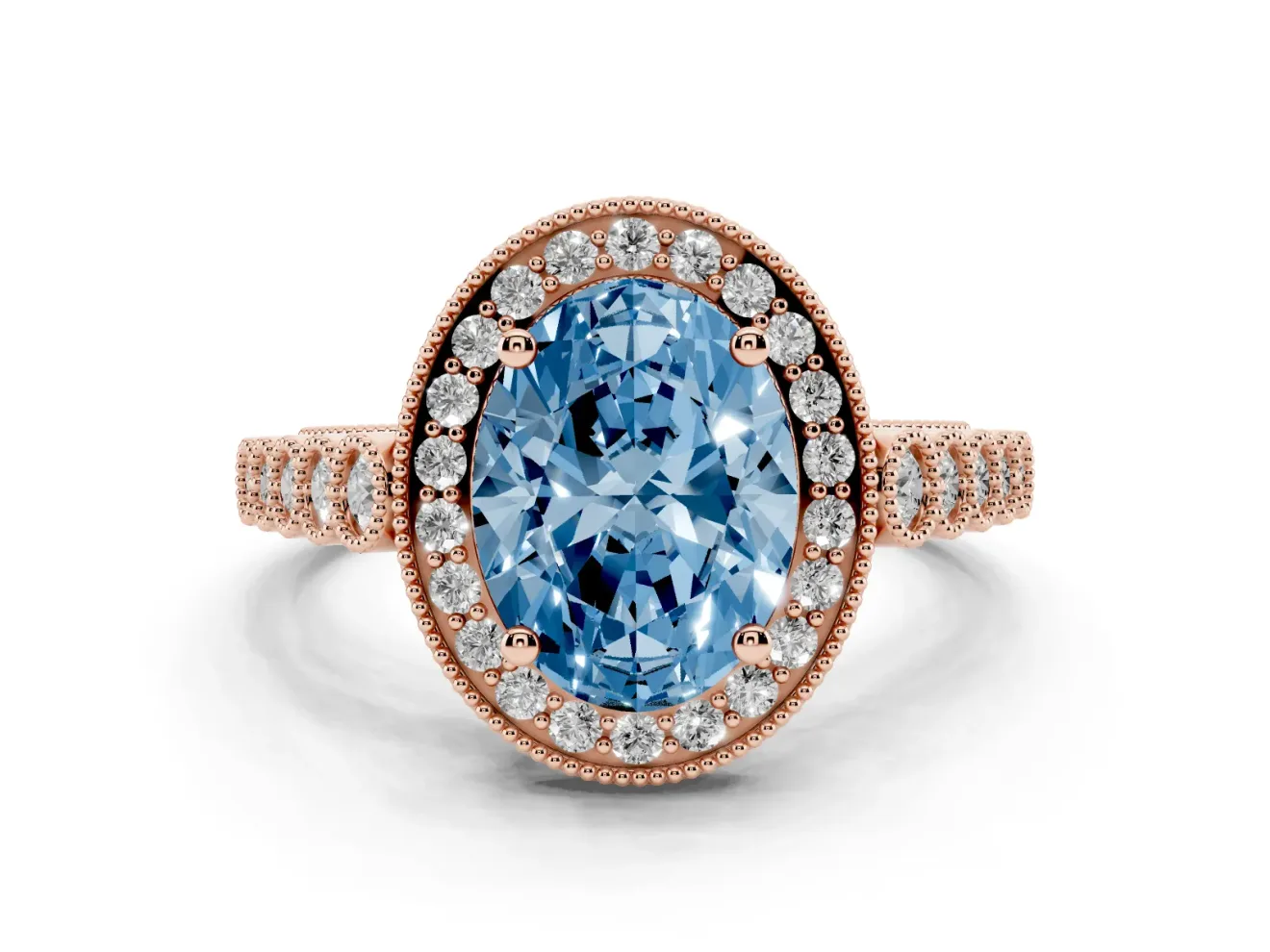 Oval Graduated Milgrain Halo Engagement Ring Setting for a Fancy Blue Lab-Grown Diamond | Rose Gold