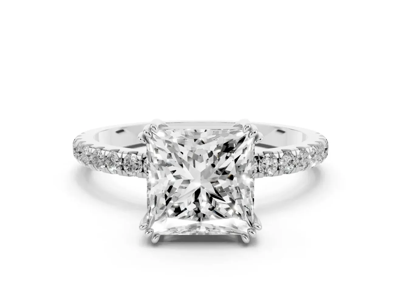 Princess Cut Diamond Brilliant Solitaire Set in Silver with Pavé Band and Claw Prong Setting