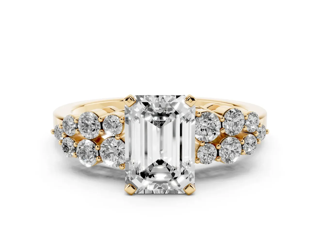 Emerald Cut Diamond Cluster Engagement Ring Set in Yellow gold with Pavé Band and Prong Setting