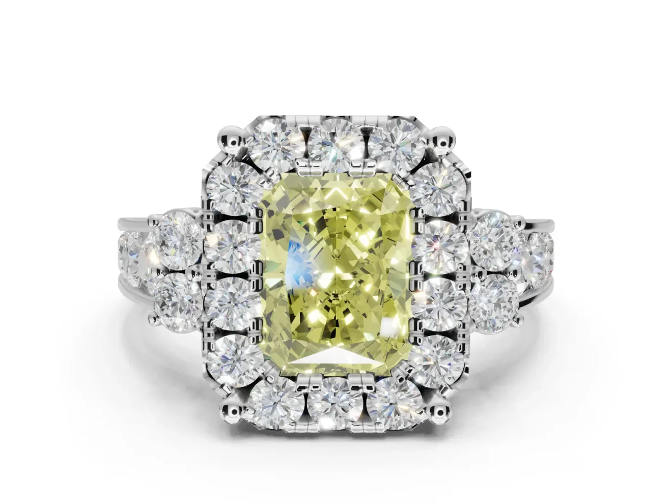 Radiant Cut Halo Engagement Ring Setting for a Fancy Yellow Lab-Grown Diamond | Graduated Channel Band | Platinum
