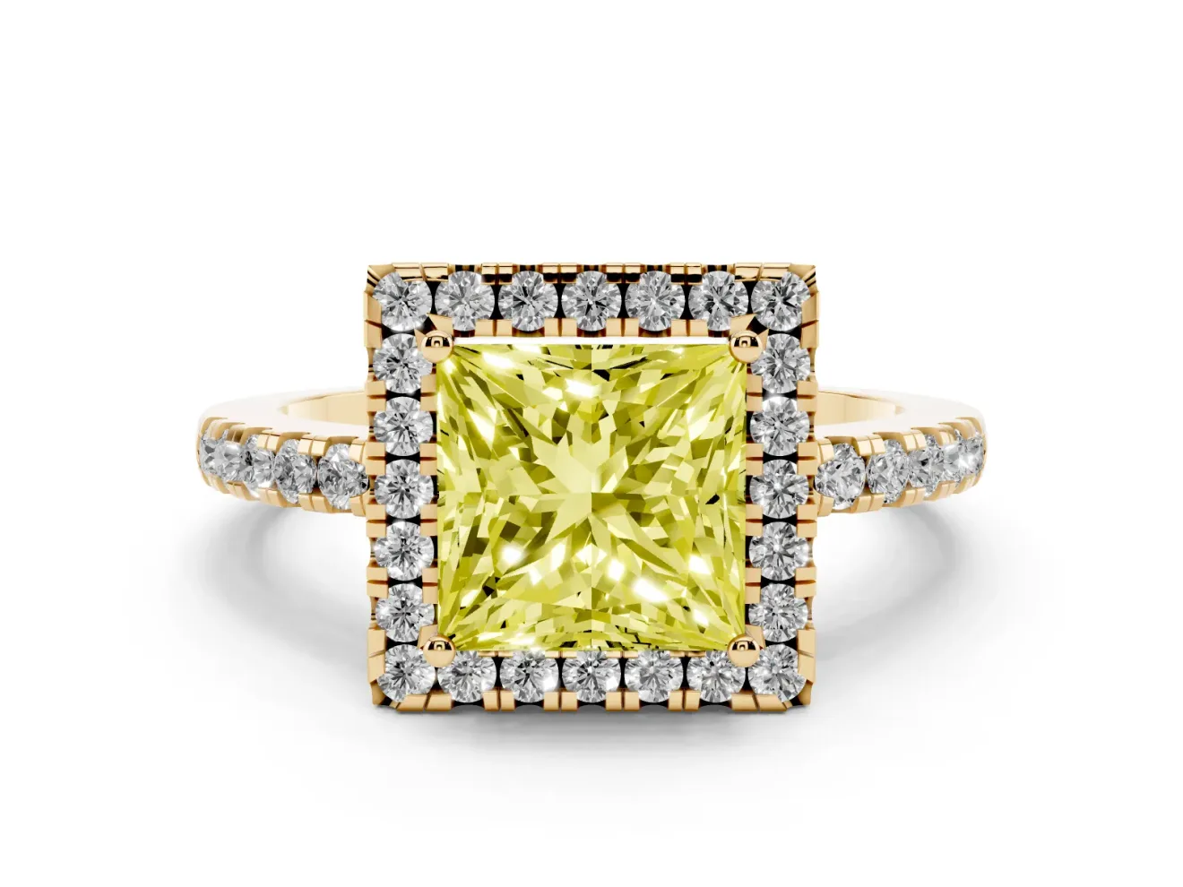 Fancy Yellow Princess Cut Diamond Pavé Band Halo Engagement Ring Set in Yellow gold with Prong Setting