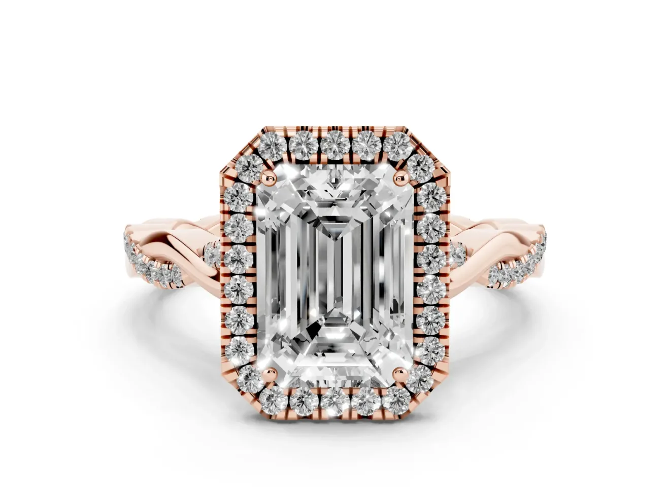 Emerald Cut Halo Engagement Ring Setting | Pavé Twist Band | Rose Gold