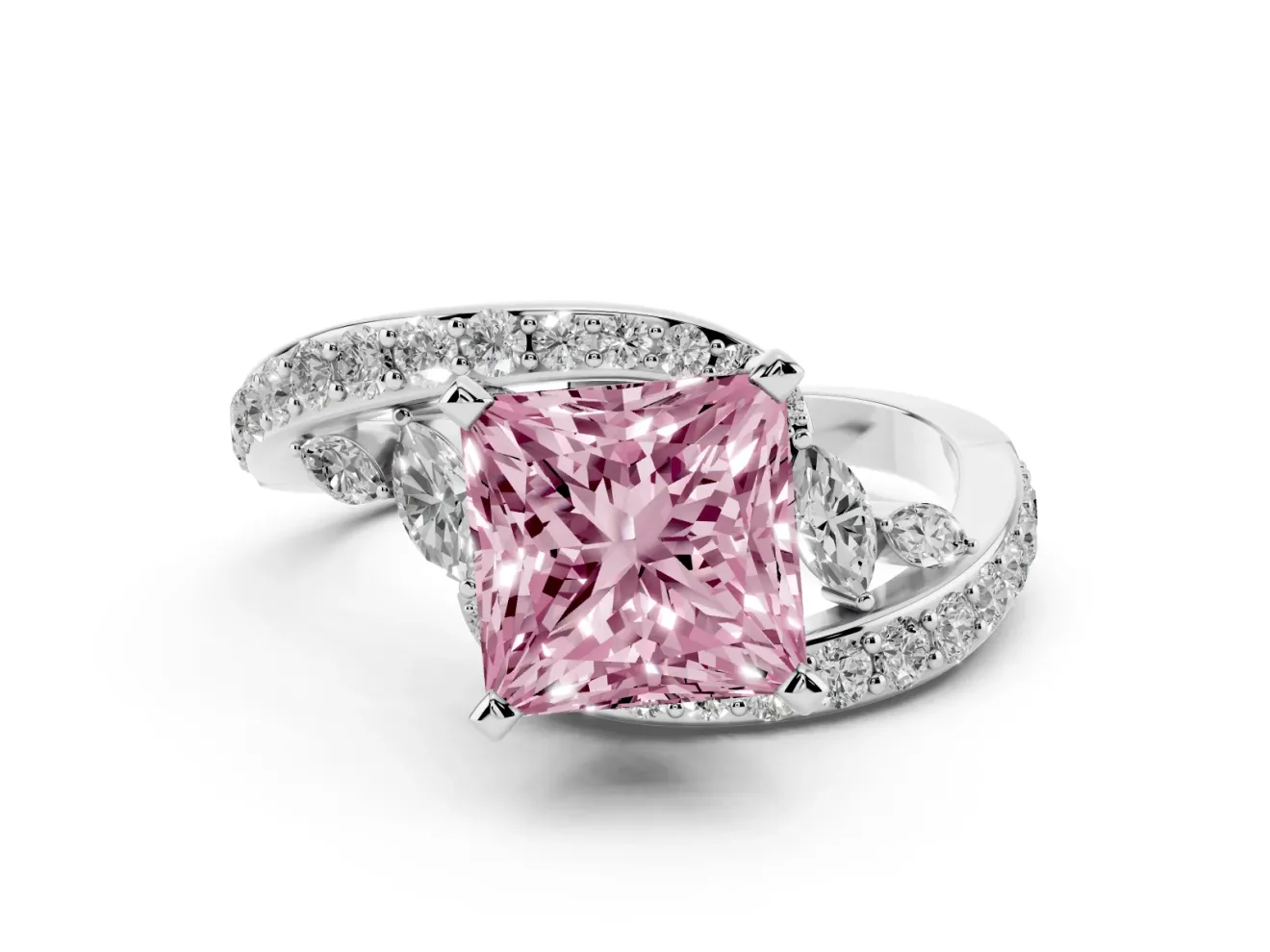 Fancy Pink Princess Cut Diamond Solitaire Ring Set in Platinum with Pavé Twist Band and Secure Prong Setting