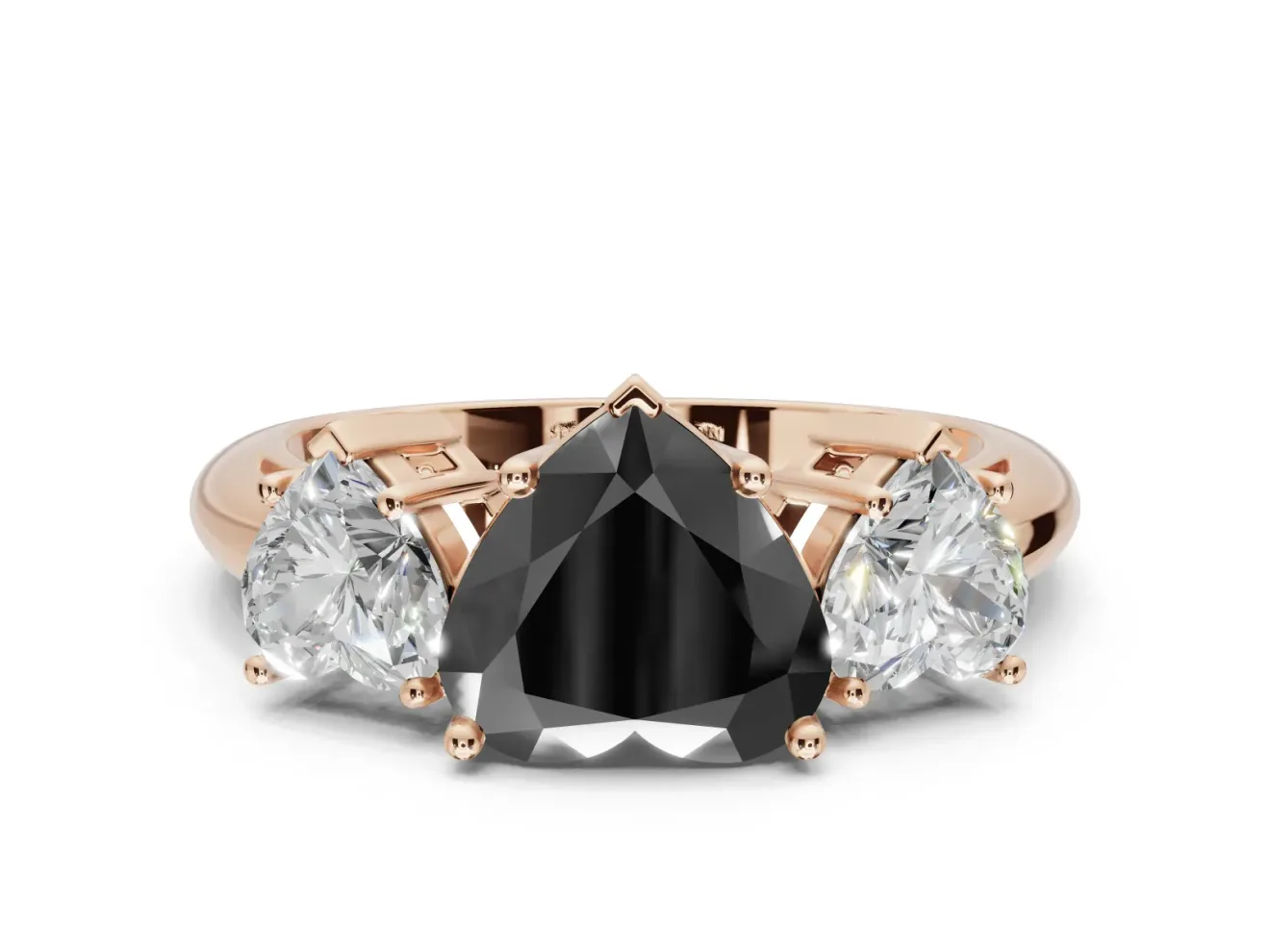 Heart-Shaped 3 Stone Engagement Ring Setting for a Black Center | Rose Gold