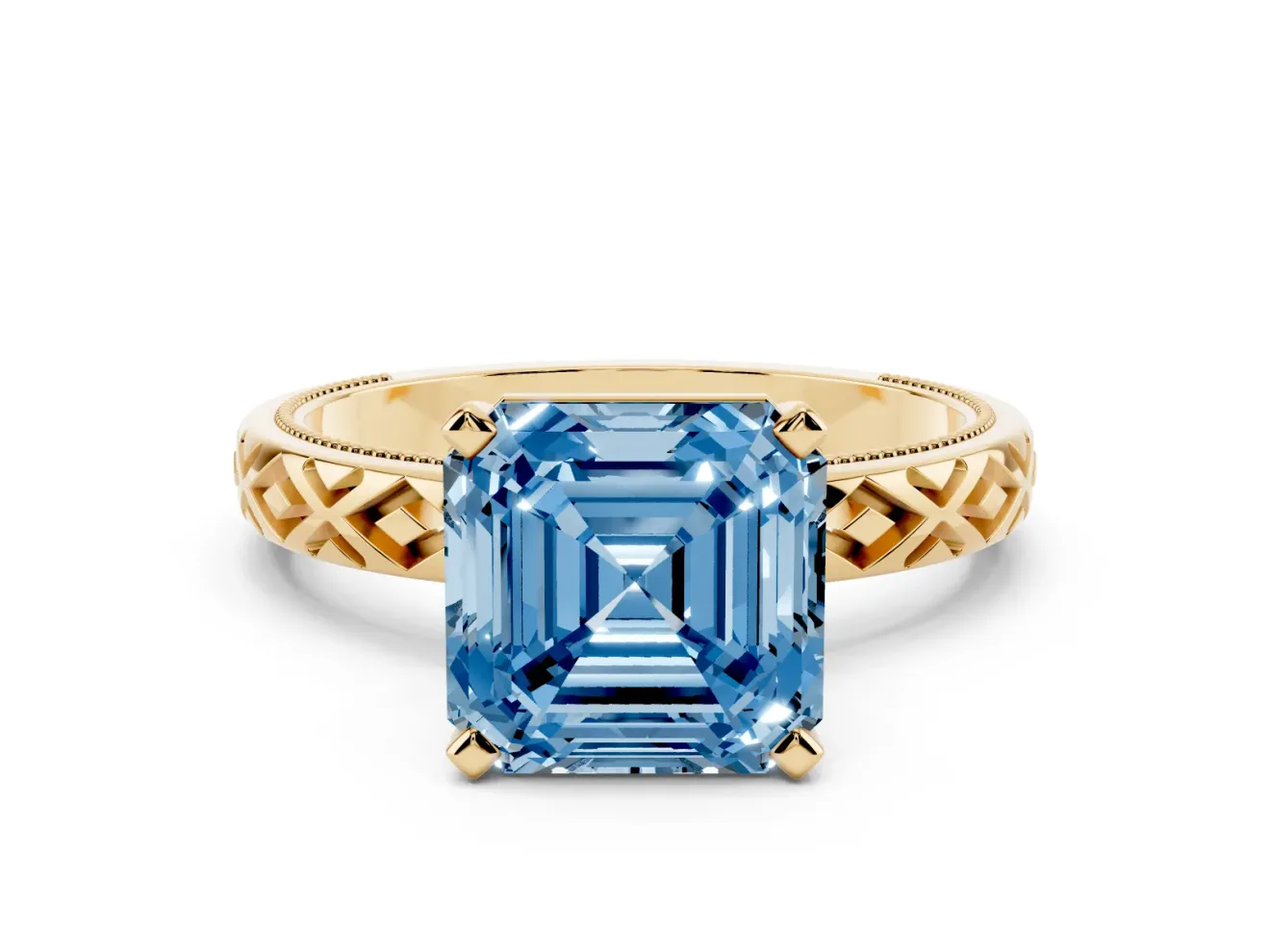 Asscher Cut Vintage Milgrain Engagement Ring Setting for a Fancy Blue Lab-Grown Diamond | X Pattern Band | Yellow Gold