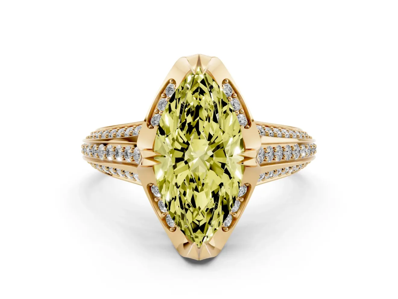 Fancy Yellow Marquise Cut Diamond Pavé Split Shank Solitaire Ring Set in Yellow gold with Prong Setting