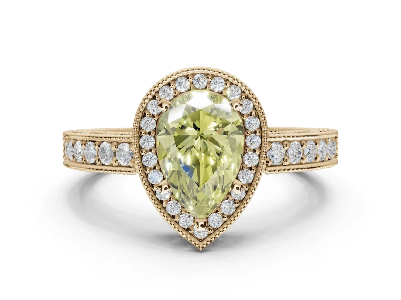 Pear-Shaped Milgrain Halo Engagement Ring Setting for a Fancy Yellow Lab-Grown Diamond | Wide Pavé Band | Yellow Gold