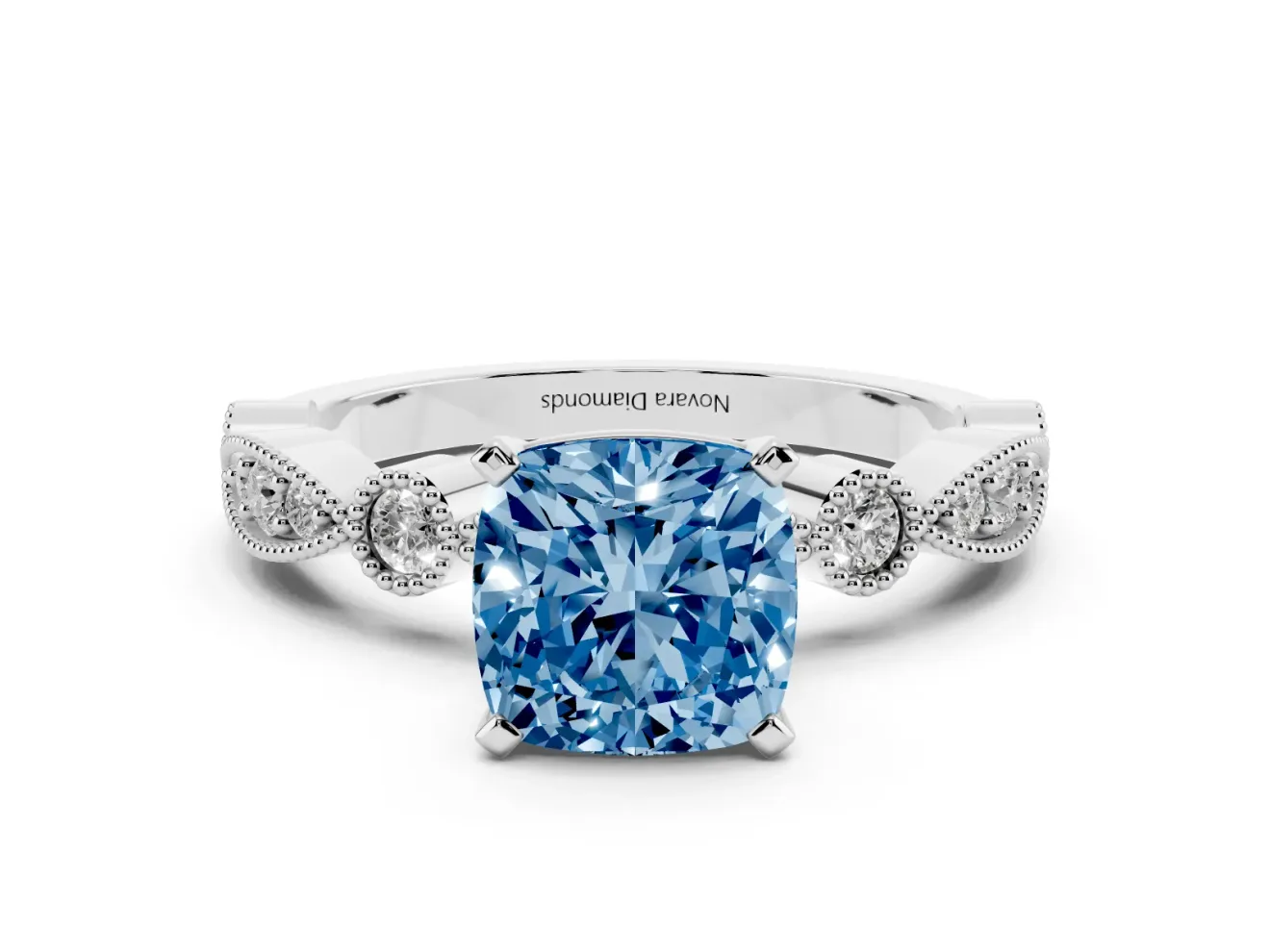 Fancy Blue Cushion Cut Diamond Solitaire Engagement Ring Set in White gold with Milgrain Bezel Accent Band