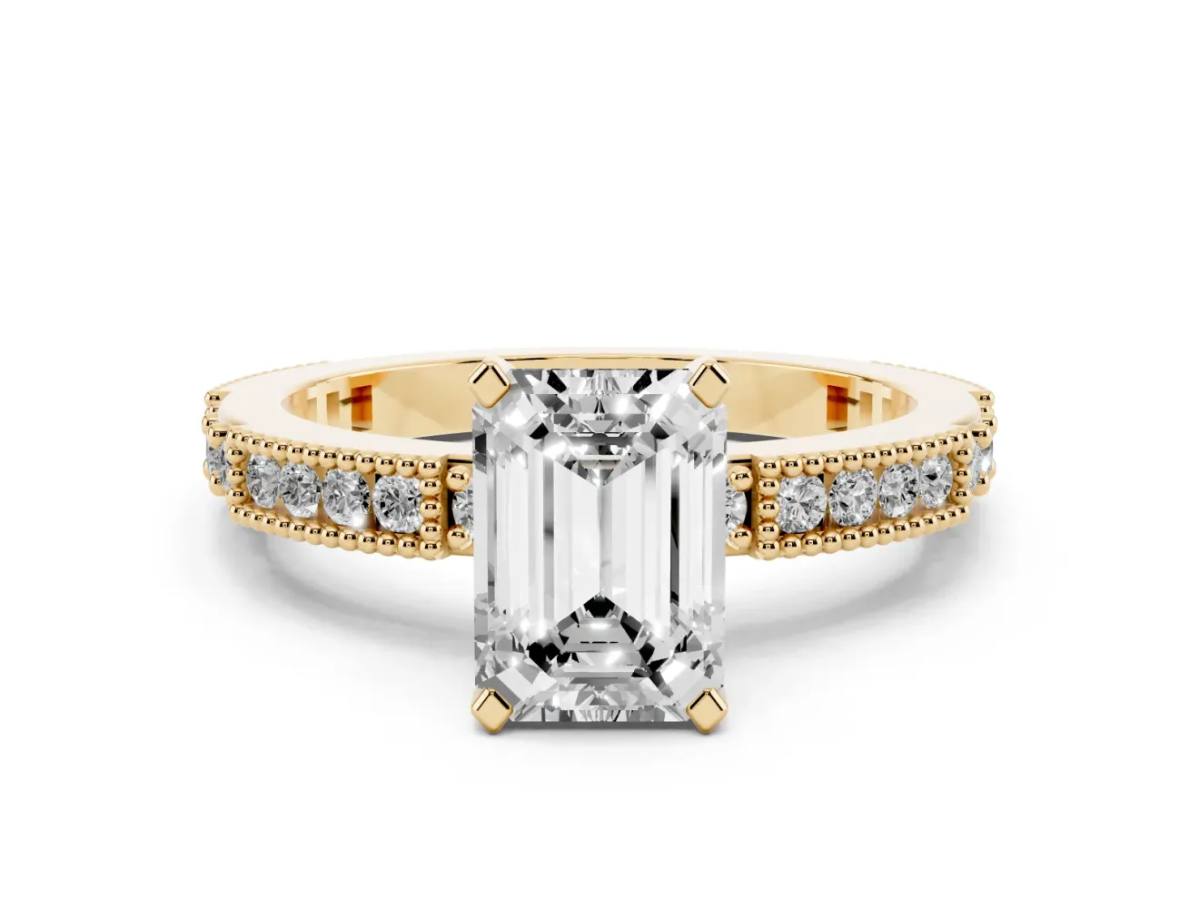 Emerald Cut Vintage Pavé Solitaire Engagement Ring Setting | Milgrain Edges | Yellow Gold