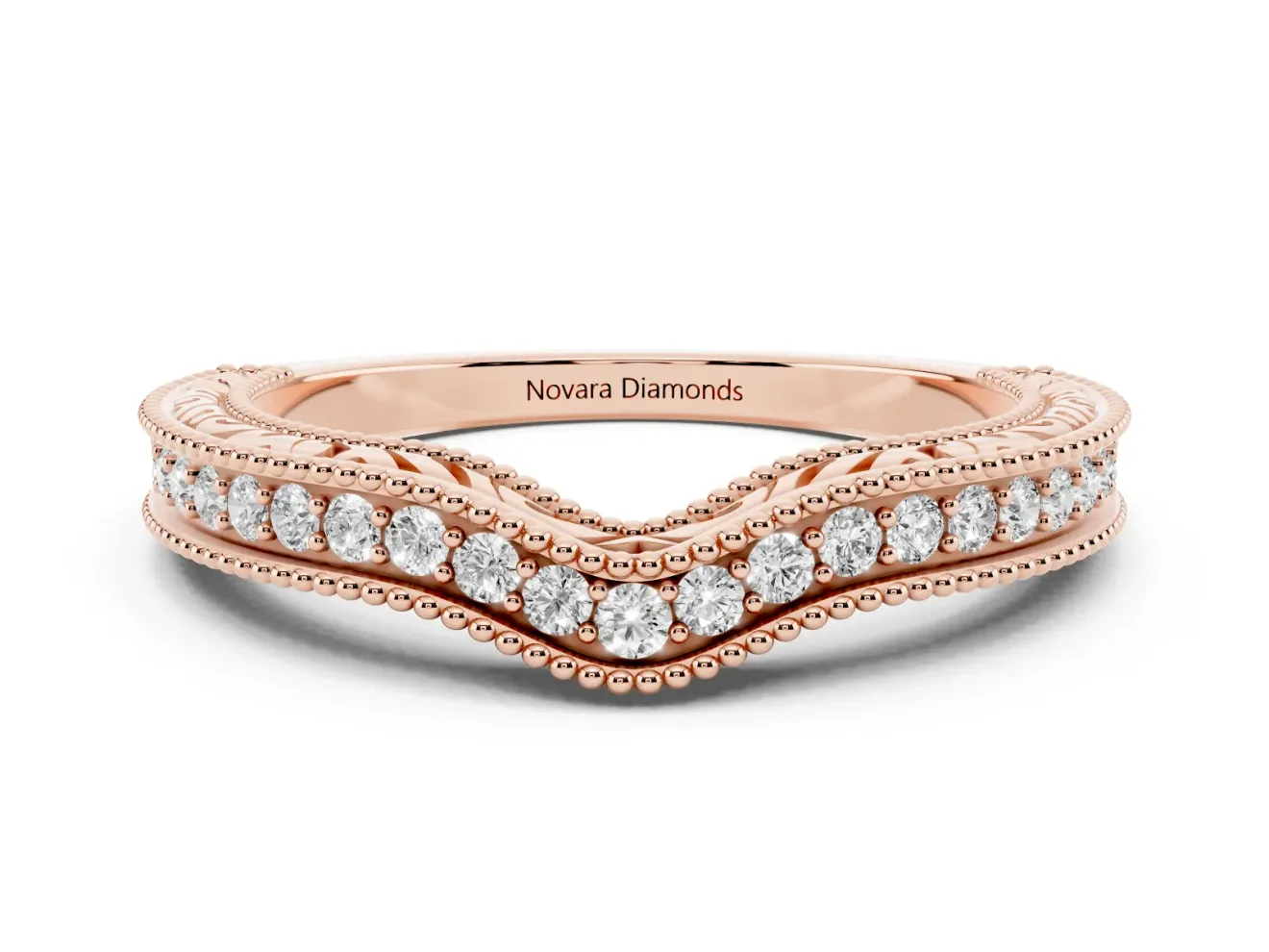 Round Lab-Grown Diamond Pavé Chevron Milgrain Wedding Band | Scrollwork Sides | Rose Gold