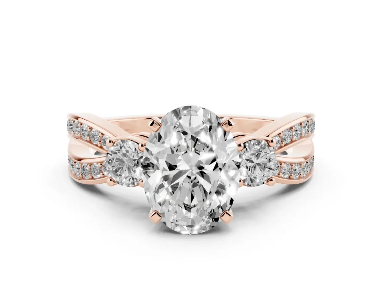 Three-Stone Oval Cut Diamond Twist Band Ring Set in Rose gold with Pavé Accents and Prong Setting