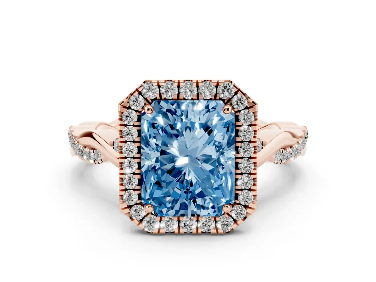Radiant Cut Twist Halo Engagement Ring Setting for a Fancy Blue Lab-Grown Diamond | Rose Gold