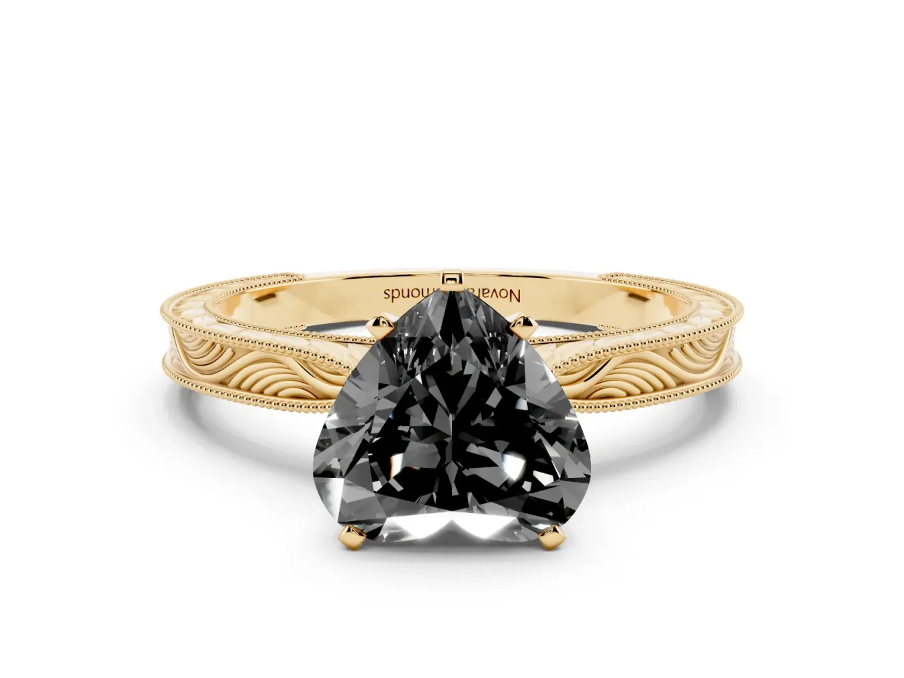 Fancy Black Heart Cut Diamond Solitaire Milgrain Engraved Band Set in Yellow gold with Prong Setting