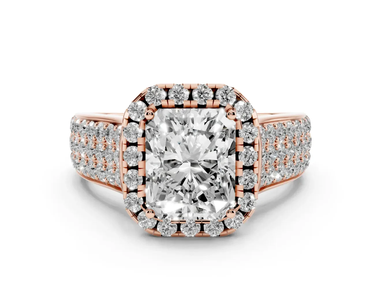 Radiant Cut Pavé Engagement Ring Setting | Wide Three-Row Band | Rose Gold