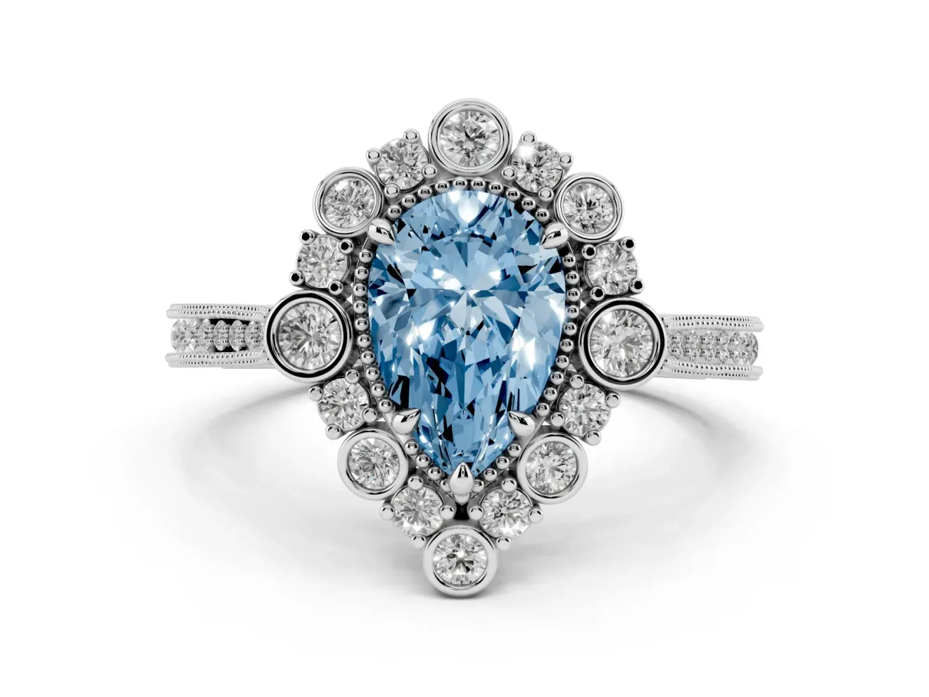 Fancy Blue Pear Cut Diamond Halo Milgrain Pavé Ring Set in White gold with Prong Setting