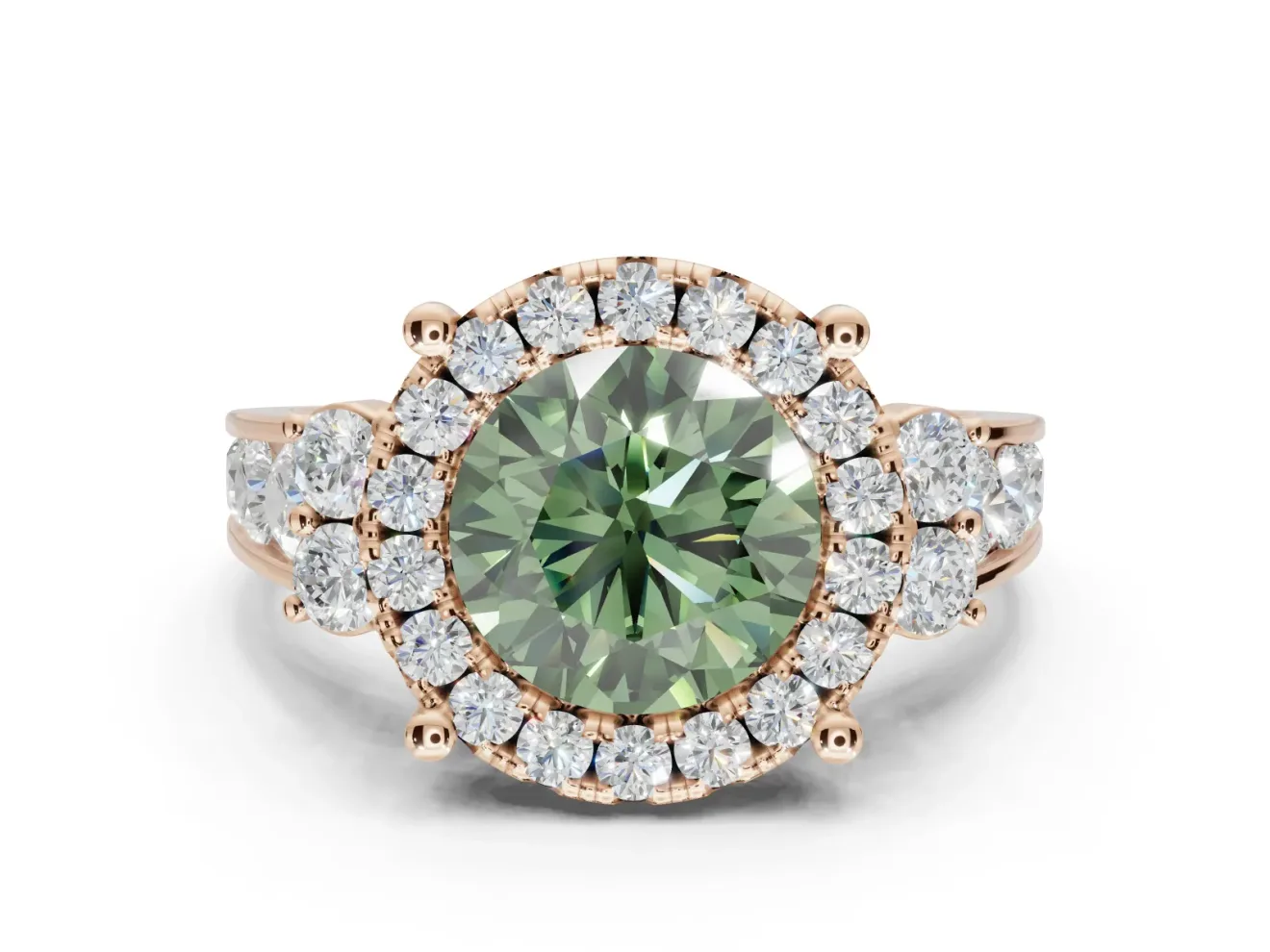 Round Halo Engagement Ring Setting for a Fancy Green Lab-Grown Diamond | Side Clusters | Rose Gold