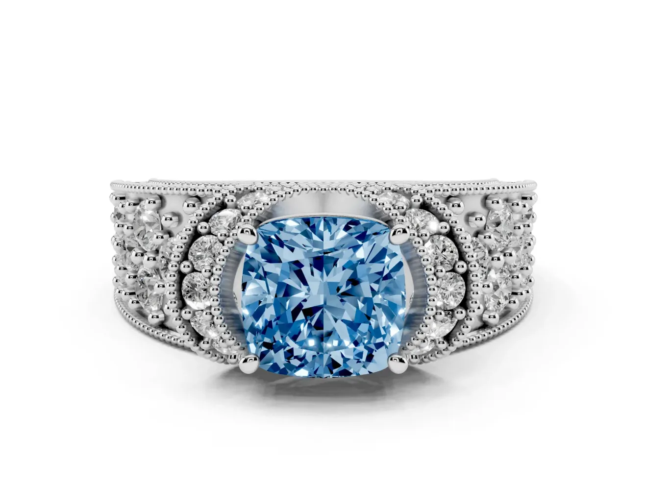 Cushion Cut Vintage Pave Engagement Ring Setting for a Fancy Blue Lab-Grown Diamond | Milgrain Edges | White Gold