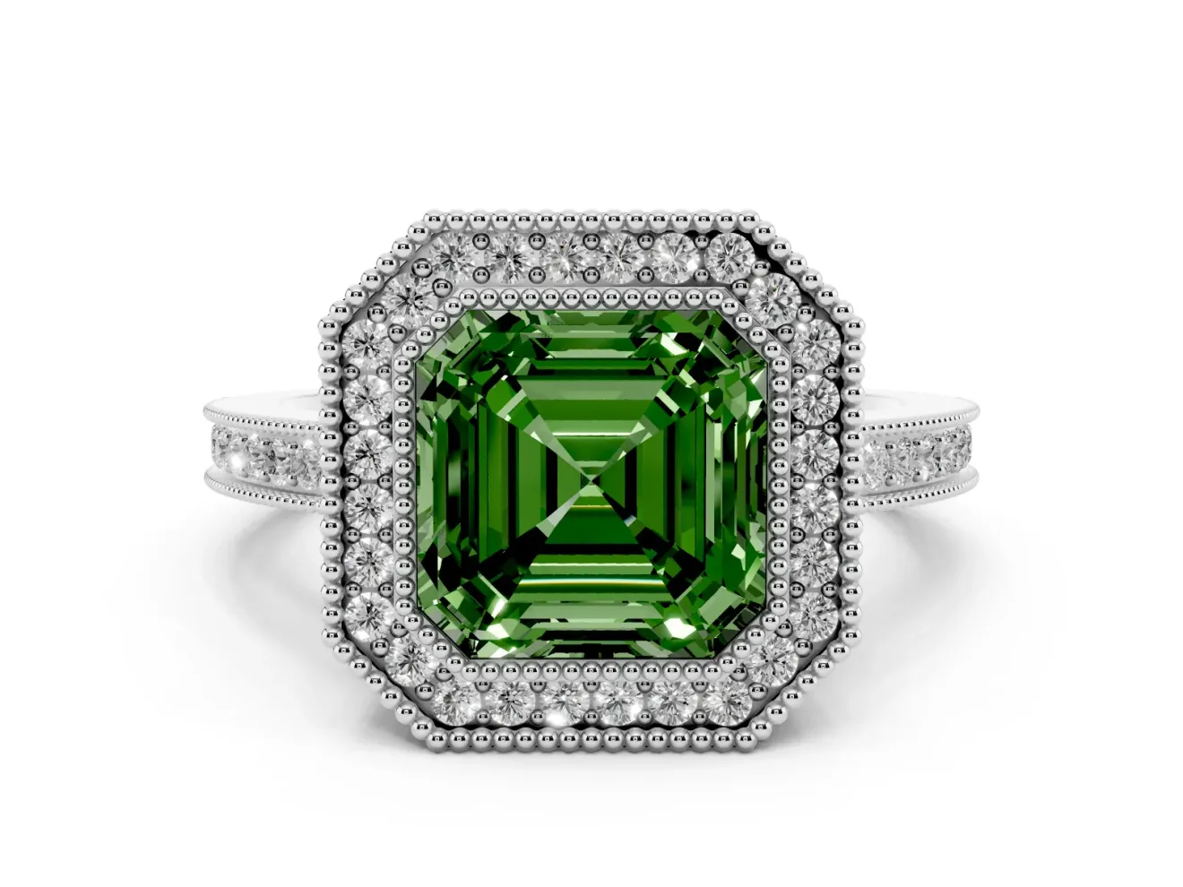 Fancy Green Asscher Cut Diamond Halo Ring Set in Silver with Pavé Band and Milgrain-Edged Prongs