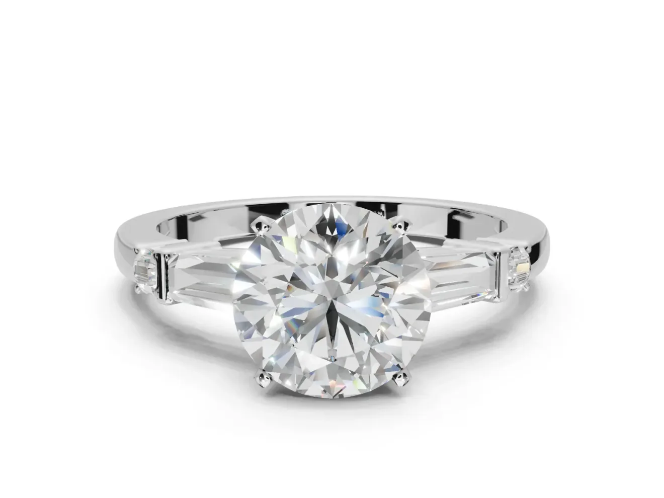 Round Tapered Baguette Engagement Ring Setting | Bar Set Sides | White Gold