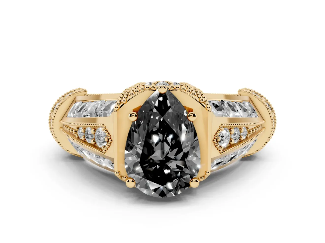 Pear-Shaped Vintage Milgrain Engagement Ring Setting for a Black Center | Hidden Halo | Yellow Gold