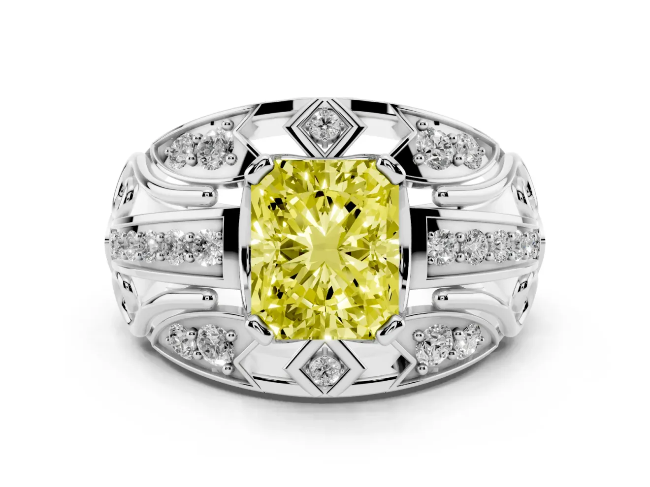 Radiant Cut Art Deco Engagement Ring Setting for a Fancy Yellow Lab-Grown Diamond | White Gold