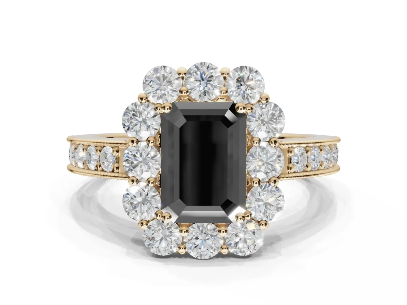 Fancy Black Emerald Cut Lab-Grown Diamond Halo Pavé Engagement Ring Set in Yellow Gold with Milgrain Detailing