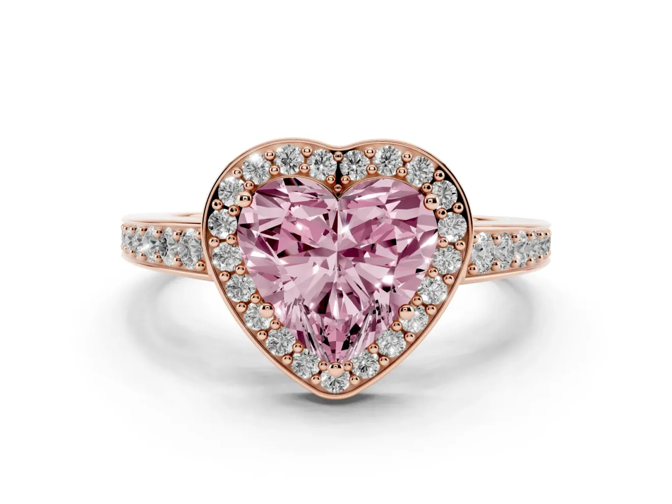 Fancy Pink Heart Cut Diamond Halo Pavé Engagement Ring Set in Rose gold with Bezel Setting