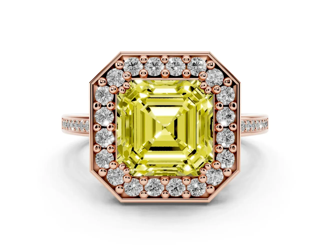 Asscher Cut Halo Engagement Ring Setting for a Fancy Yellow Lab-Grown Diamond | Polished Halo Rim | Rose Gold