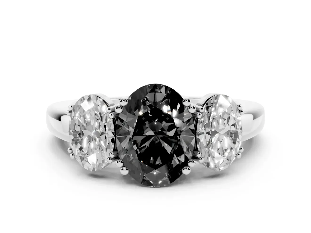 Fancy Black Oval Cut Diamond Three-Stone Ring Set in Silver with Polished Band and Prong Setting