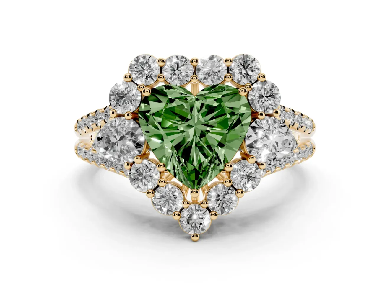 Heart-Shaped Scalloped Halo Engagement Ring Setting for a Fancy Green Lab-Grown Diamond | Pear Side Stones | Yellow Gold