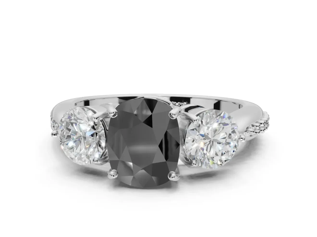 Cushion Cut Three Stone Engagement Ring Setting for a Black Center | Tapered Pavé Band | Platinum